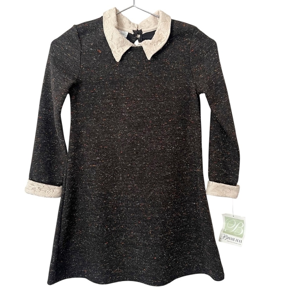 NWT Bonnie Jean Brown Tweed Knit Girls Dress Size 8 Lace Collar A Line Preppy - Picture 1 of 11